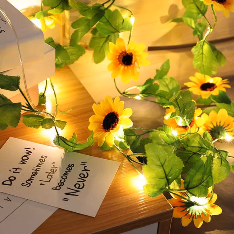 Catena luminosa a forma di girasole artificiali, 2 metri, luce bianco caldo, 20 LED