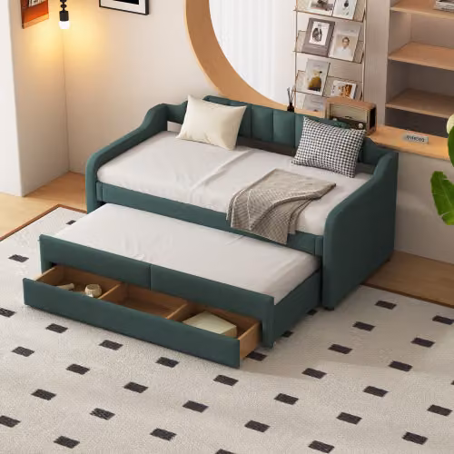 Divano letto AIORBER, 90x200cm(190cm), letto da giorno con sponde, con rete a doghe, 1 cassetto lungo, biancheria, divano letto per bambini, per camera degli ospiti, verde