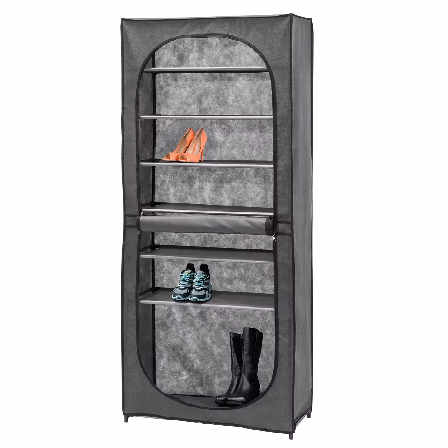 Scarpiera VESTIAMO CASA con 7 ripiani in metallo e TNT, capacità 21 posti, colore grigio scuro, H 160 cm x L 68 cm x P 30 cm
