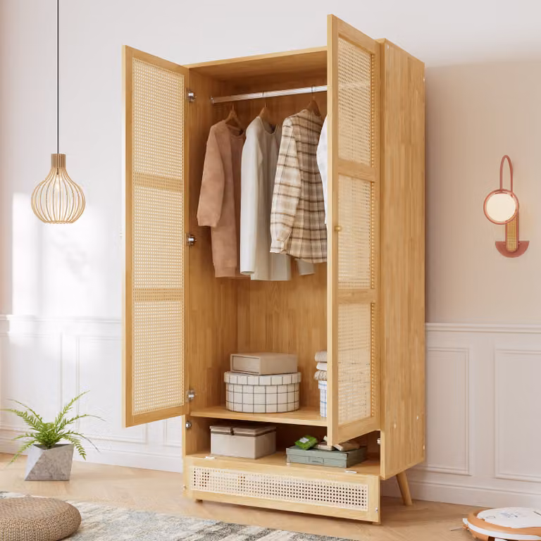 Armadio Sweiko con barra, armadio a 2 ante, camera da letto, rete in rattan, soggiorno, con coperchio inferiore ribaltabile, truciolato+PE rattan, natura