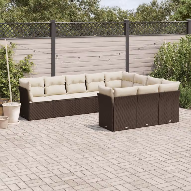 vidaXL Set Divani da Giardino 10 Pezzi con Cuscini Imbottiti Marrone e Bianco in Polyrattan e Acciaio