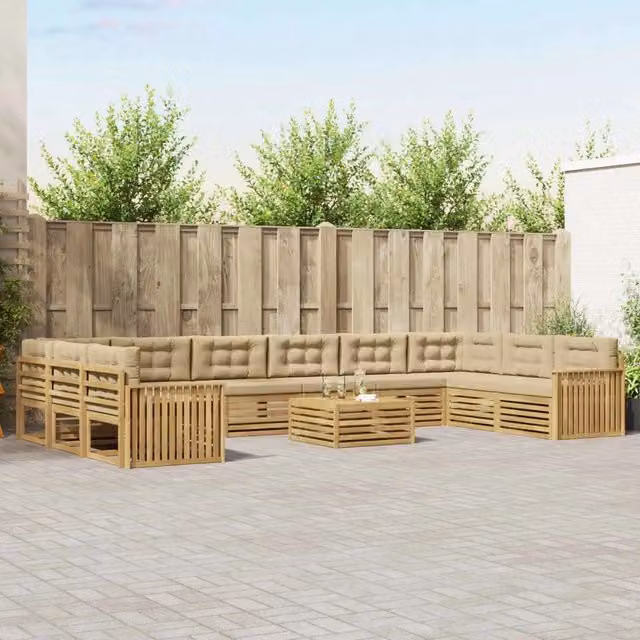 Set di divani da giardino a L con tavolo da caffè vidaXL in legno di acacia marrone e beige con cuscini inclusi