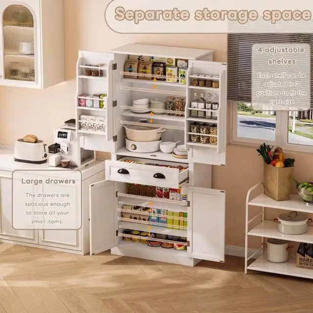 Credenza alta 182 cm in MDF bianco con 4 ante; 1 cassetto e ripiani regolabili