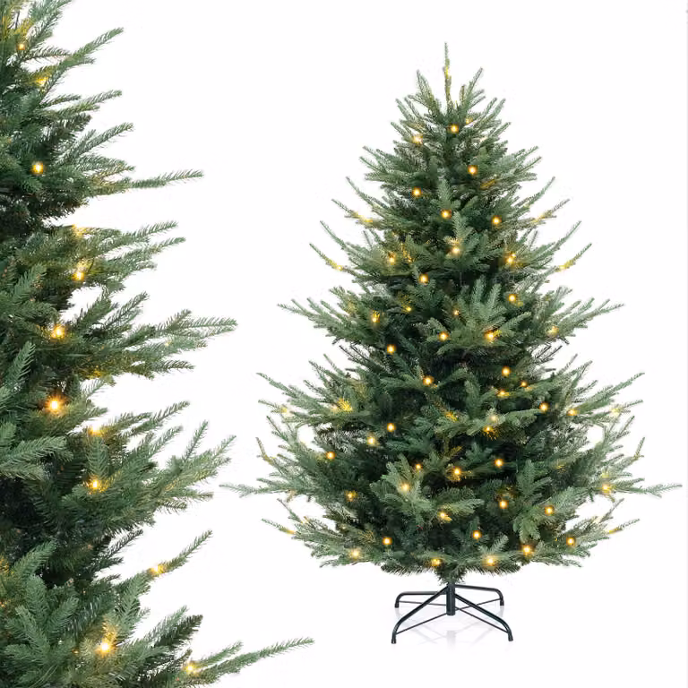 COSTWAY Albero di Natale artificiale alto 135 cm, albero di Natale con 778 punte di rami, 240 luci LED bianco caldo e foglie miste in PE + PVC
