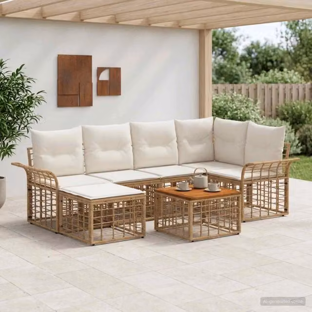 Set di divani da esterno vidaXL da 7 pezzi per 6 persone in stile rustico, colore beige, bianco e marrone, con struttura in metallo e cuscini inclusi – 1