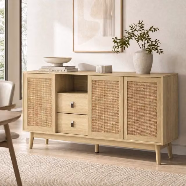 Sideboard 155x38x80 cm con 3 ante scorrevoli in rattan naturale e 2 cassetti; colore legno