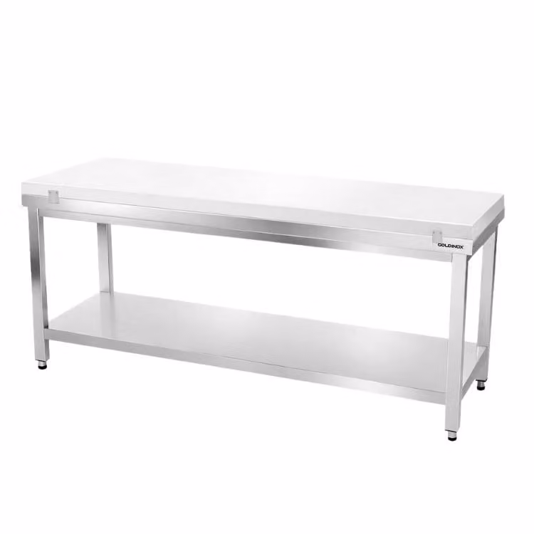 Tavolo da lavoro in acciaio inossidabile, dimensioni 1800x600 mm, con piano di taglio bianco PREMIUM - GOLDINOX
