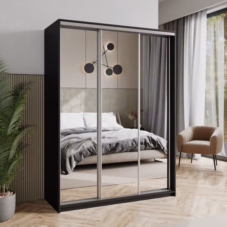 Armadio scorrevole Masseno RIEN 150/205/60 cm Armadio con cassetti Armadio per camera da letto a 3 ante con specchio Nero + raso