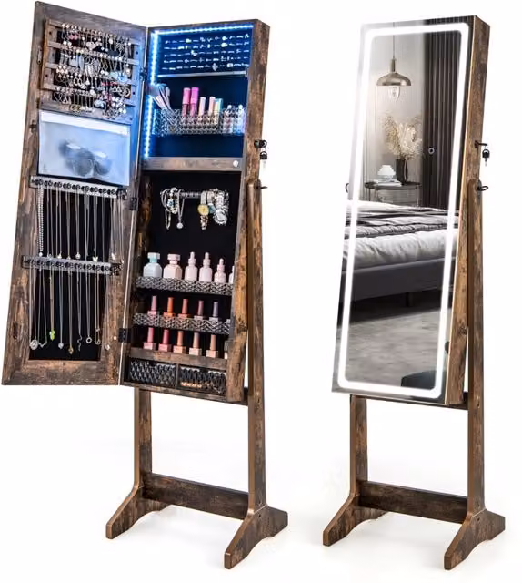 Armadio portagioie a terra con specchio a figura intera, luci LED integrate e serratura, colore Marrone rustico – 1