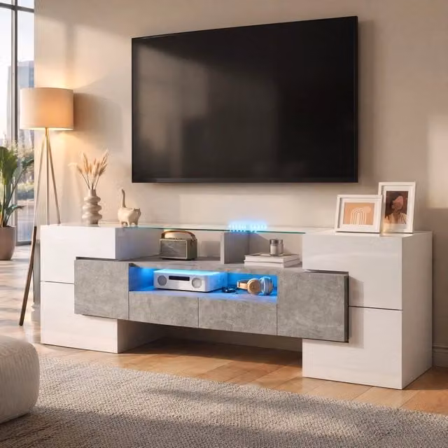 Mobile TV Mivray moderno con LED multicolore, sei ante, due cassetti e tre vani, superficie lucida bianco e cemento, L/P/H: 145 x 30 x 51 cm