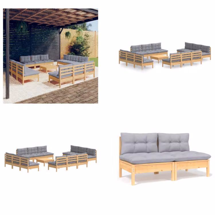 vidaXL set da salotto da giardino 13 pezzi con cuscini grigi in legno di pino - set da salotto da giardino - set da salotto da giardino - set da salotto