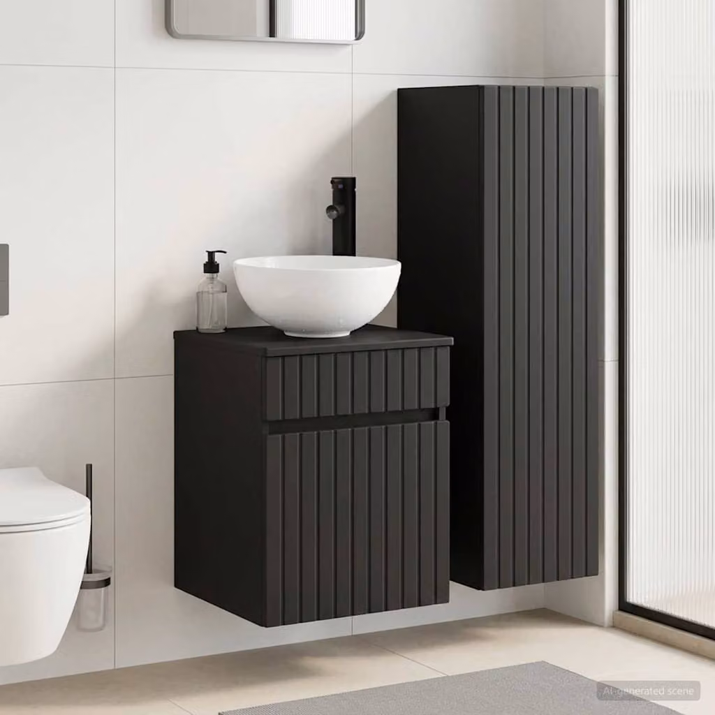 Set di mobili per il bagno vidaXL composto da 2 pezzi in legno nero opaco, include mobile lavabo e pensile, L/P/H: 33 x 34,5 x 100 cm