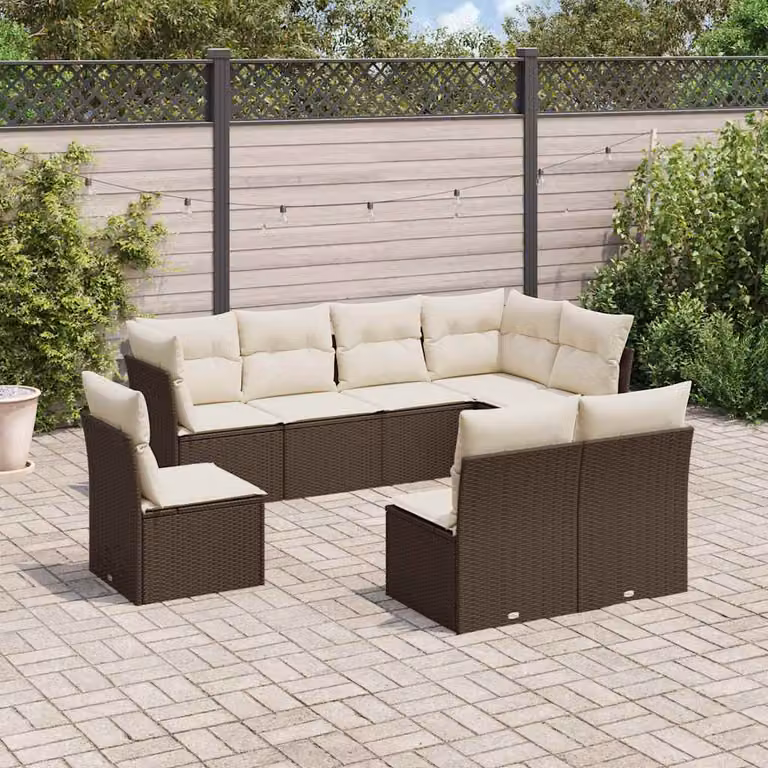 Set di divani da giardino vidaXL in polyrattan marrone con cuscini bianchi, composizione a L per esterno