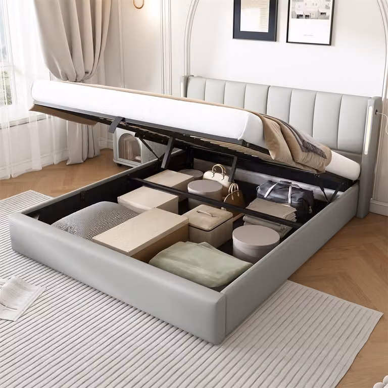 Letto imbottito Sweiko 140 x 200 cm, letto idraulico, con illuminazione LED, con vano contenitore, testata regolabile, PU, bianco