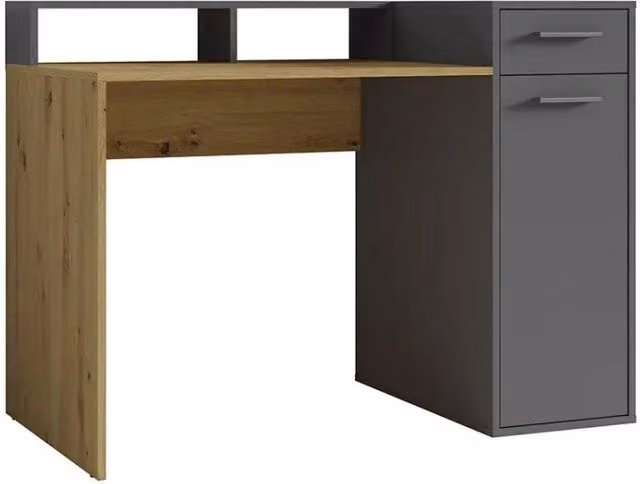 Scrivania OFFICE con cassettiera e supporto per monitor - Colori grigio e rovere - 120 x 90 x 65 cm