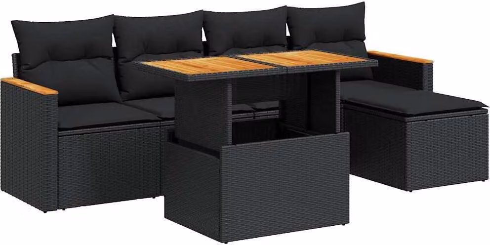 Set Divano da Giardino 6 pz con Cuscini Nero Polyrattan Acacia