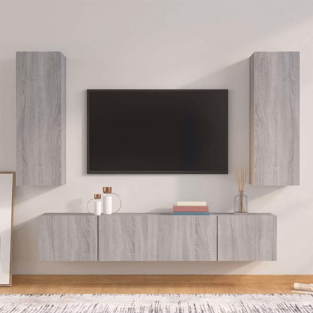 vidaXL Set di Mobili Porta TV 4 Pezzi Grigio in Legno e MDF per Soggiorno, Montaggio a Parete – 1