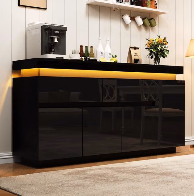 Credenza soggiorno con 2 cassetti; 4 ante e LED controllabile via app; 140 x 35 x 72;5 cm; nera
