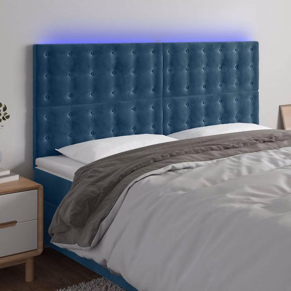 Testiera per letto vidaXL in velluto blu con illuminazione LED integrata e porta di ricarica USB, L: 160 cm, P: 5 cm, H: 118/128 cm