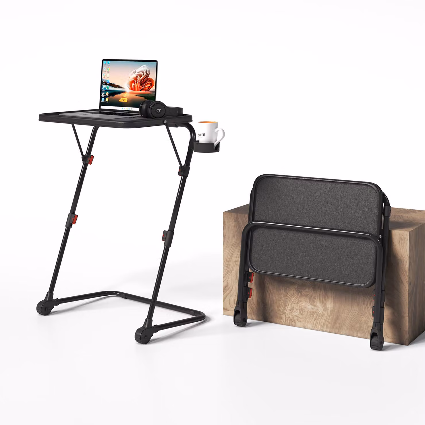 Meubles Cosy Tavolino pieghevole per laptop – Tavolino da divano regolabile in altezza con piano inclinabile e portabevande, nero - BASELINE