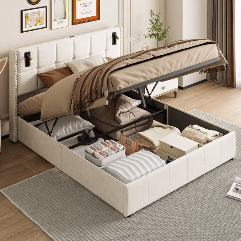 CDGlobal letto imbottito 140x200cm con USB/Type-C e LED, letto a molle idrauliche con luce di lettura, letto contenitore letto matrimoniale, beige