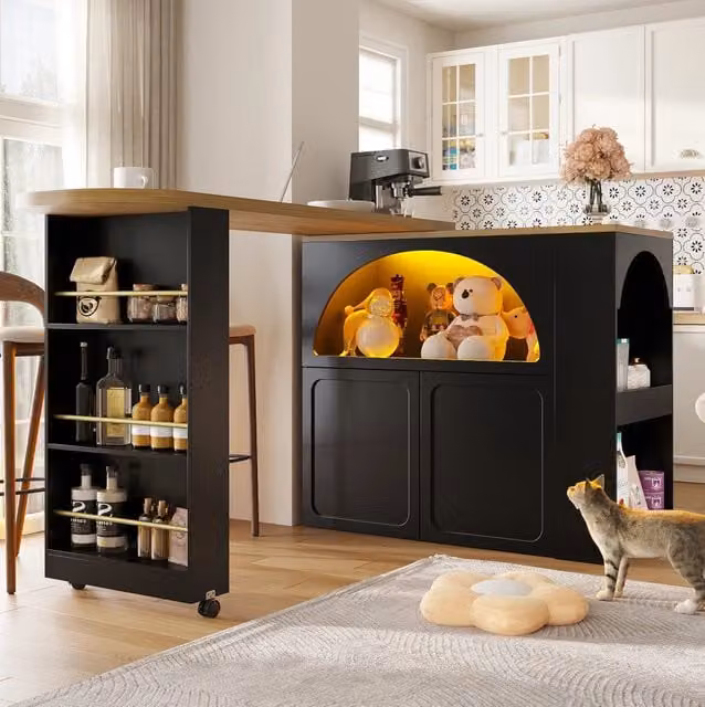 Tavolo bar mobile allungabile con LED e vano contenitore in MDF nero e multicolore, L: 135-205 cm, P: 39 cm, H: 100 cm