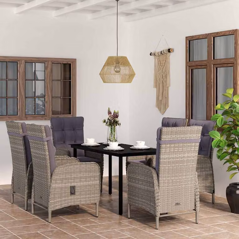 Set da pranzo da giardino vidaXL in polyrattan con tavolo in vetro e 7 pezzi, Grigio e Nero