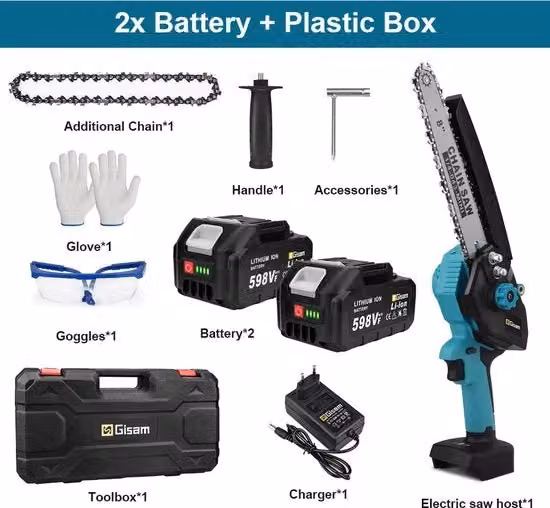 Tagliabasso elettrico portatile - Accu mini tagliabasso a catena - 8 pollici - 1500W - 18V - Set completo con accessori e 2 batterie - Blu