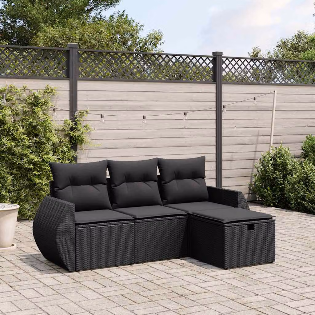 Set di divani da giardino vidaXL a forma di L composto da 4 pezzi con cuscini, nero in rattan e metallo – 1