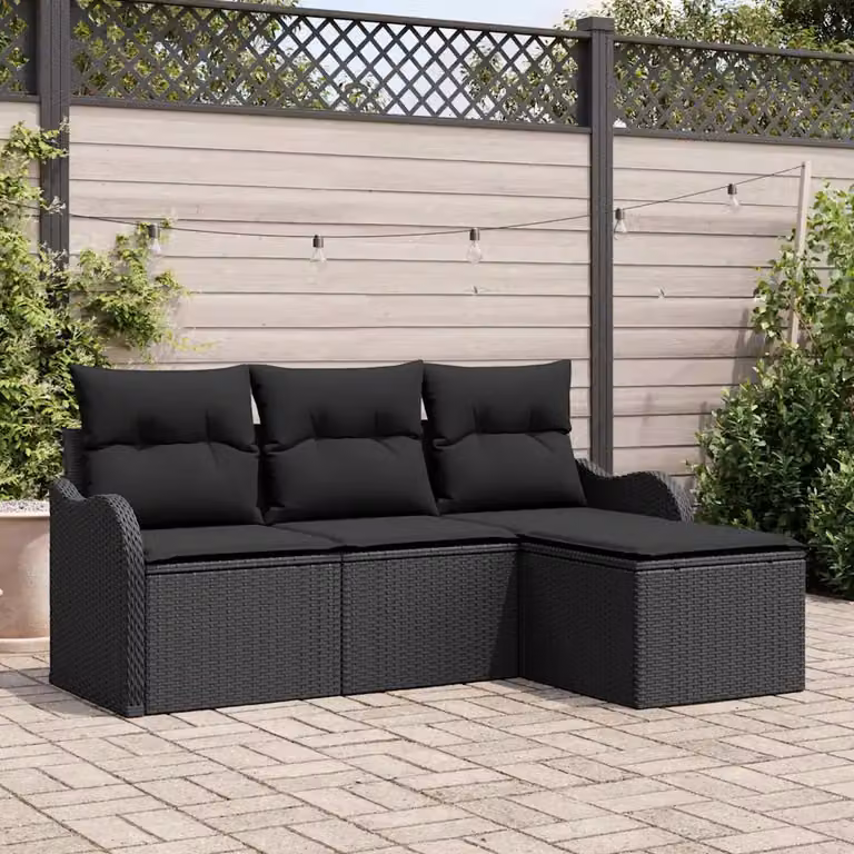 Set Divano da Giardino a L vidaXL Nero con Tavolino e Ottoman in Polyrattan e Acciaio