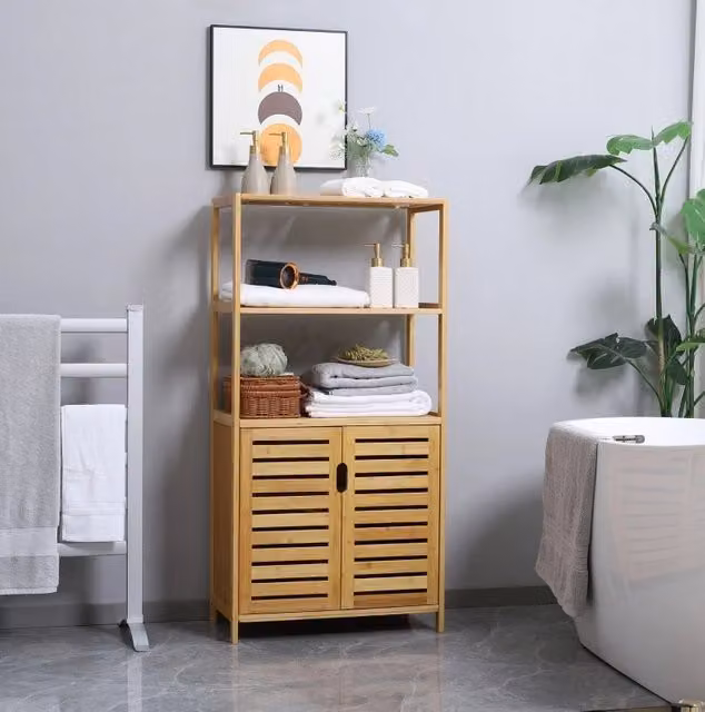 Mobile bagno MODFU in bambù naturale marrone con ante a battente e ripiani interni, L 60 cm x P 30 cm x H 120 cm – 1