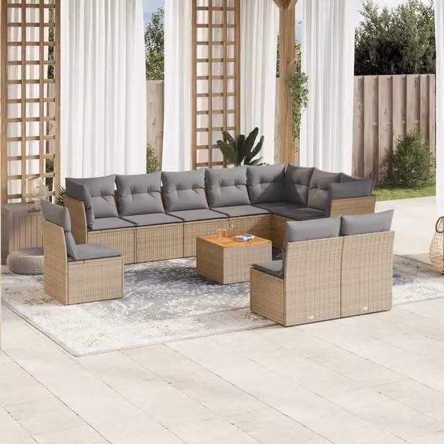 Set Divano da Giardino a Forma di U vidaXL in Polyrattan con Cuscini Beige e Grigio 11 Pezzi – 1