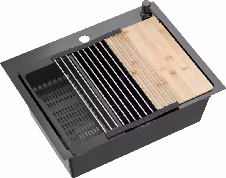 VBChome Lavello in acciaio inox 58 x 45 cm Nero Set di accessori Dispenser Tagliere Tappetino arrotolabile Scolapiatti pieghevole Lavello da incasso con due fori Sifone
