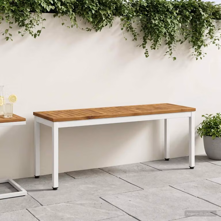 Panchina da giardino vidaXL in legno di acacia e metallo, stile rustico, Naturale e Bianco, L 108,5 x P 35 x H 45 cm
