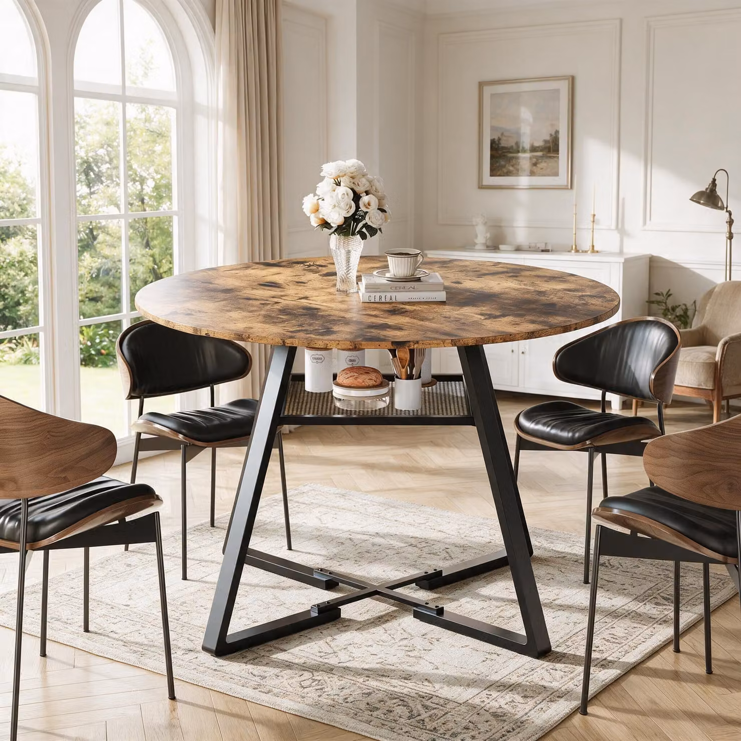 Tavolo da pranzo INONEFT, 120x75 cm, per 4-6 persone, tavolo rotondo con ripiano aperto, tavolo da cucina con struttura in metallo robusta, colore marrone