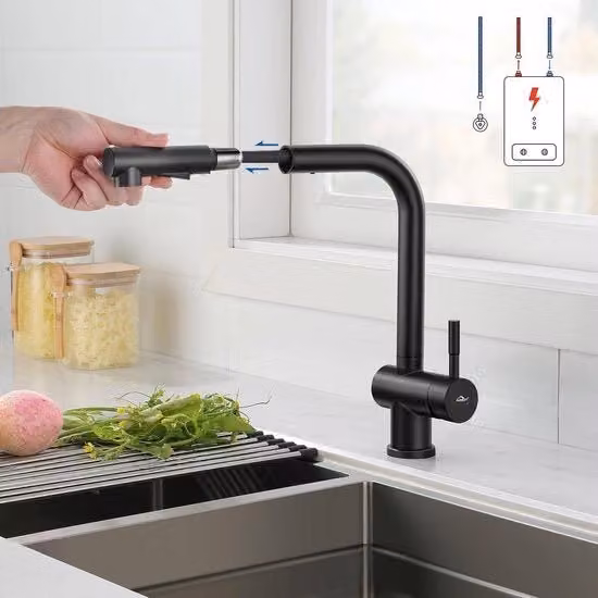 Lagedruk keukenkraan 360° rotante per boiler, con due tipi di rubinetto, con doppio getto d'acqua, per doccia, in nero.