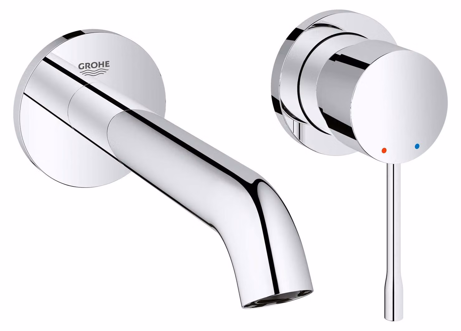 Miscelatore per lavabo a due fori, da montare a parete, con sporgenza di 183 mm, finitura cromata