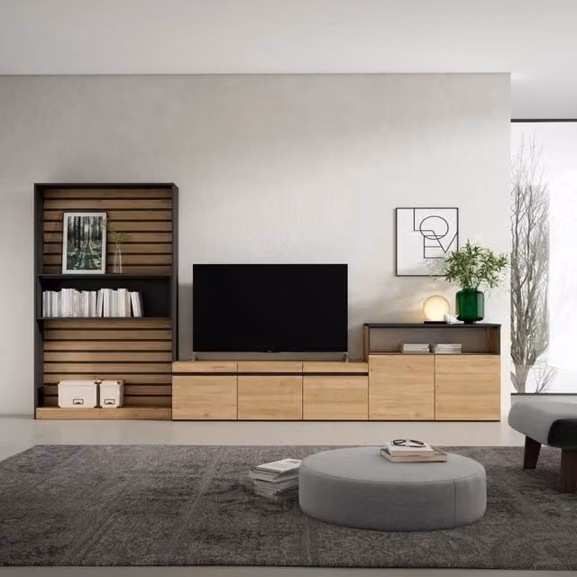 Set di mobili per soggiorno SKRAUT HOME con mobile TV per schermi fino a 65 pollici, colore Rovere e nero, L: 360 cm, P: 35 cm, H: 186 cm