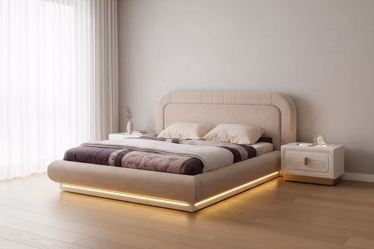 Set per camera da letto beige, moderno ed elegante, con letto a LED e 2 comodini,