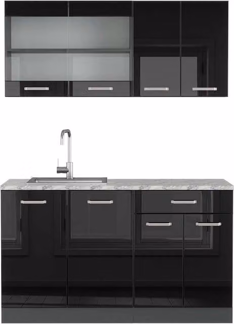Cucina monoblocco R-Line Nero lucido/Antracite 140 cm, PL Marmo Vicco