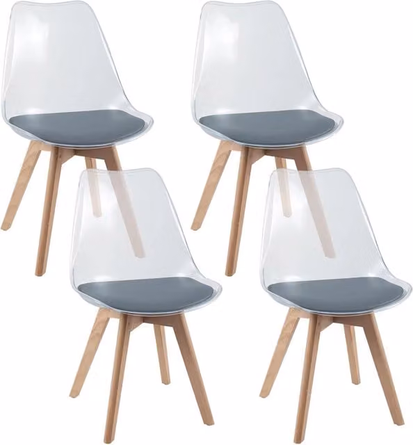 Set di 4 Sedie da Cucina e Sala da Pranzo Costway Moderne, Sedute Imbottite Grigie Trasparenti con Gambe in Legno di Faggio, Portata 150 kg