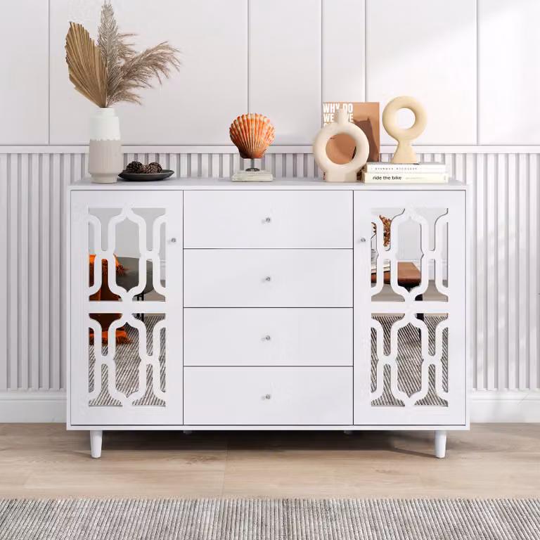 Cassettiera AIORBER, con modanature in cristallo, maniglie in vetro, credenza, due ante, con quattro cassetti, per soggiorno e sala da pranzo, 147,5 x 40 x 102 cm, bianco