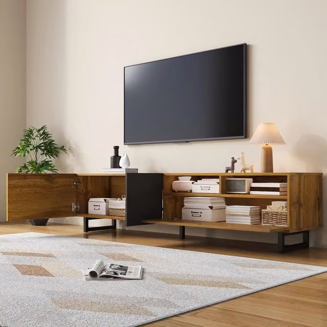 Mobile TV con 3 ante e 2 vani aperti in truciolare grigio scuro e naturale 170 × 36;5 × 42 cm