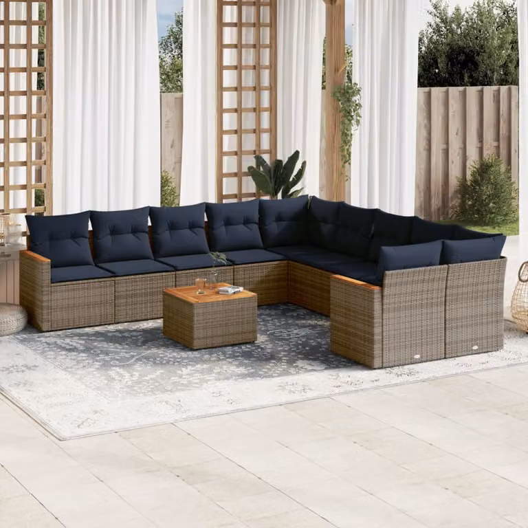 Set Divani da Giardino vidaXL 11 pz a Forma a U in Polyrattan Grigio con Tavolino e Cuscini