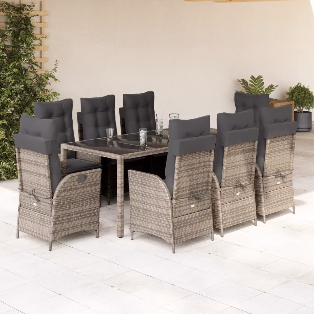 vidaXL Set da Pranzo da Giardino 9 pz in Polyrattan e Vetro Grigio