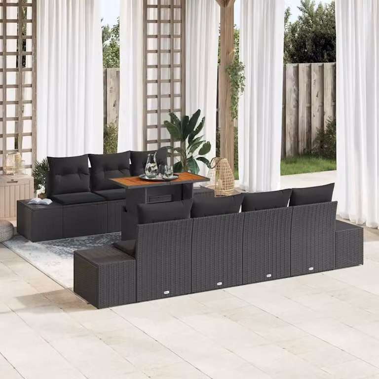 Set Divano da Giardino Moderno vidaXL 8 Pezzi Nero con Cuscini e Contenitore per Archiviazione in Rattan e Metallo