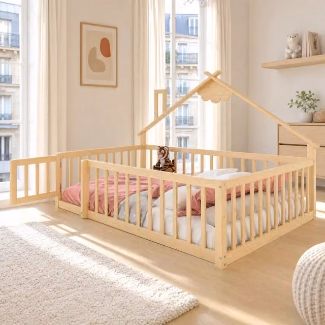 Letto per bambini in legno di pino 140x190 cm con sponda di sicurezza e struttura a forma di casetta naturale