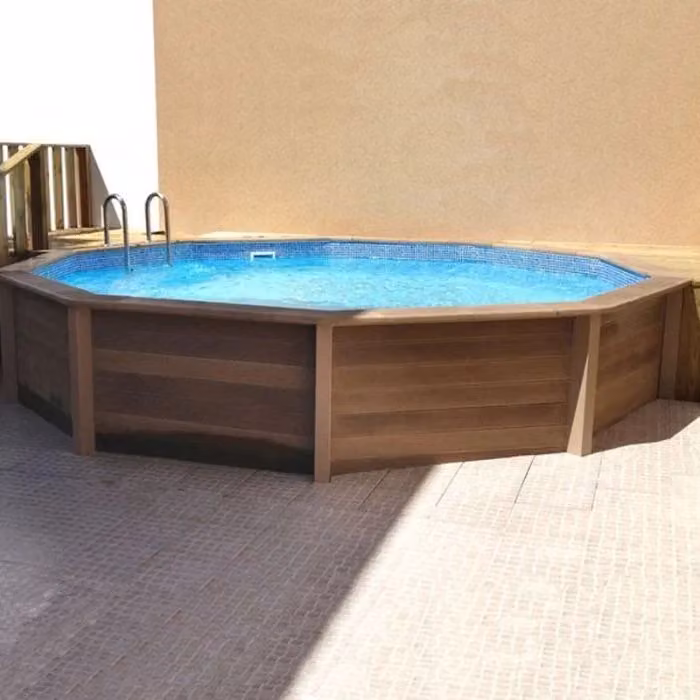 Piscina interrata tonda NATURALIS in pietra ricostruita effetto legno blu con filtrazione a cartuccia L: 4,93 m, H: 1,40 m – 2