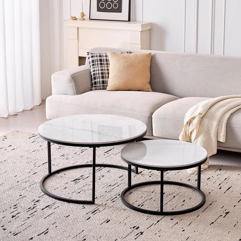 Set di tavolini da caffè rotondi, 2 pezzi, piano in Vetroceramica, bianco e nero, diametro 50+70 cm