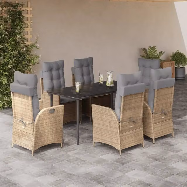Set da Pranzo da Giardino VIDAXL in Polyrattan con Tavolo in Vetro e 7 Sedute con Cuscini Beige